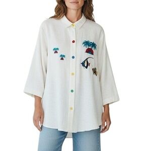 Vintage‎ Tropical Embroidered Button Down Shirt Womens 2X White Coastal Beach